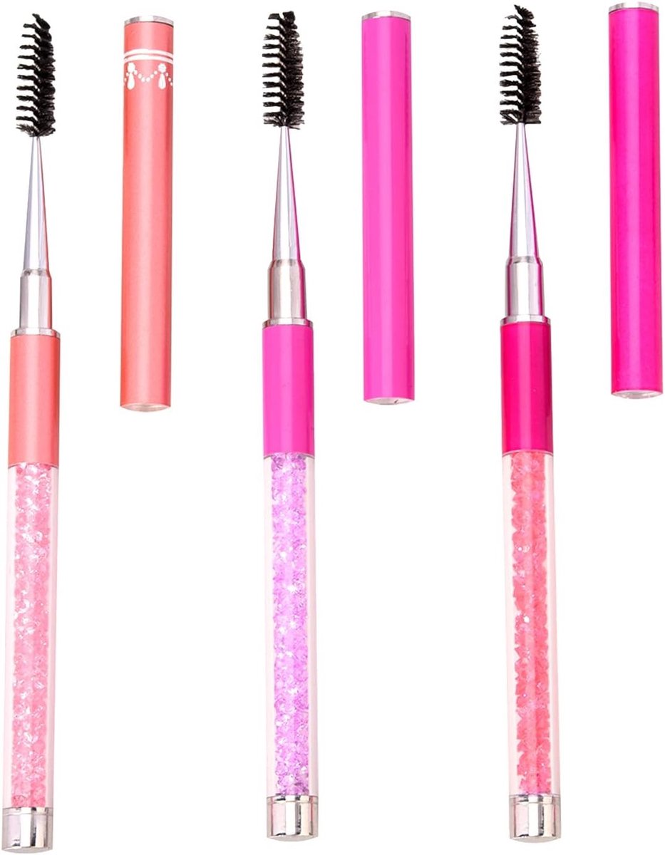 Set van 3 Crystal Rhinestone Wimpers Borstels met Deksel voor Wimperextensions en Wenkbrauwverzorging