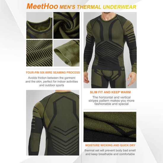 Man in groen en zwart thermisch ondergoed met lange mouwen, geometrische patronen, met details van de stof en naden.