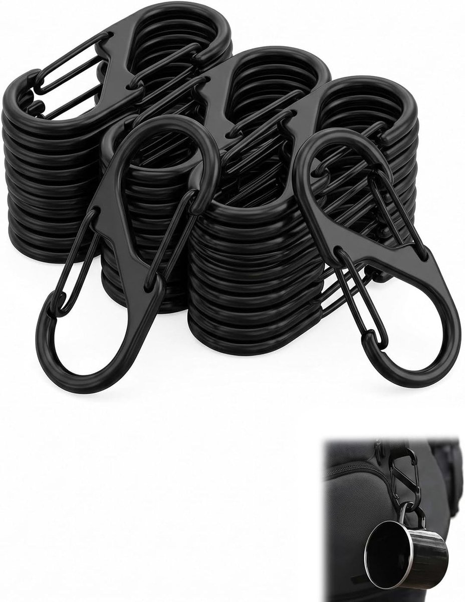 Robuuste zwarte mini karabijnhaak van 30 x 33 mm met dubbele opening voor sleutelhanger, rugzak en outdoor activiteiten
