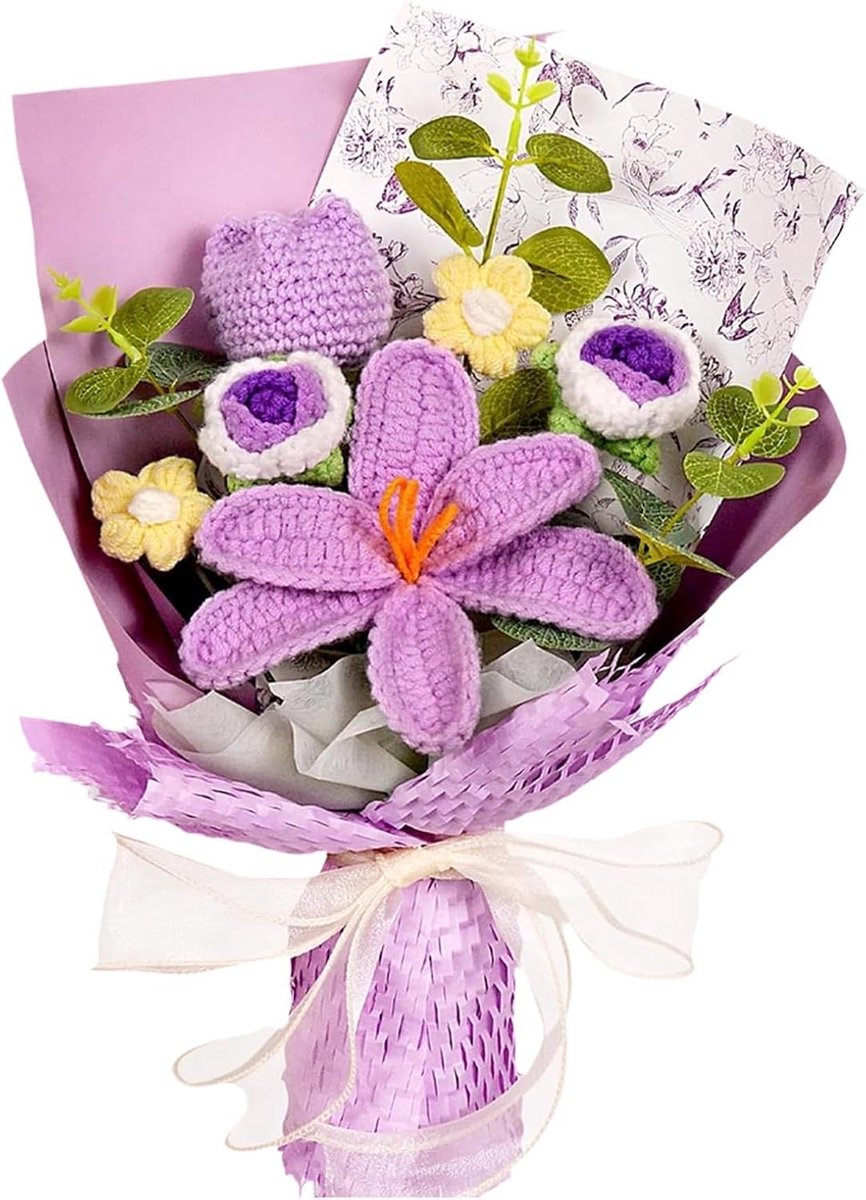 Gehaakt boeket met tulpen, rozen en madeliefjes - Perfect als cadeau voor Moederdag, trouwdag of verjaardag, decoratieve bloemen in paars