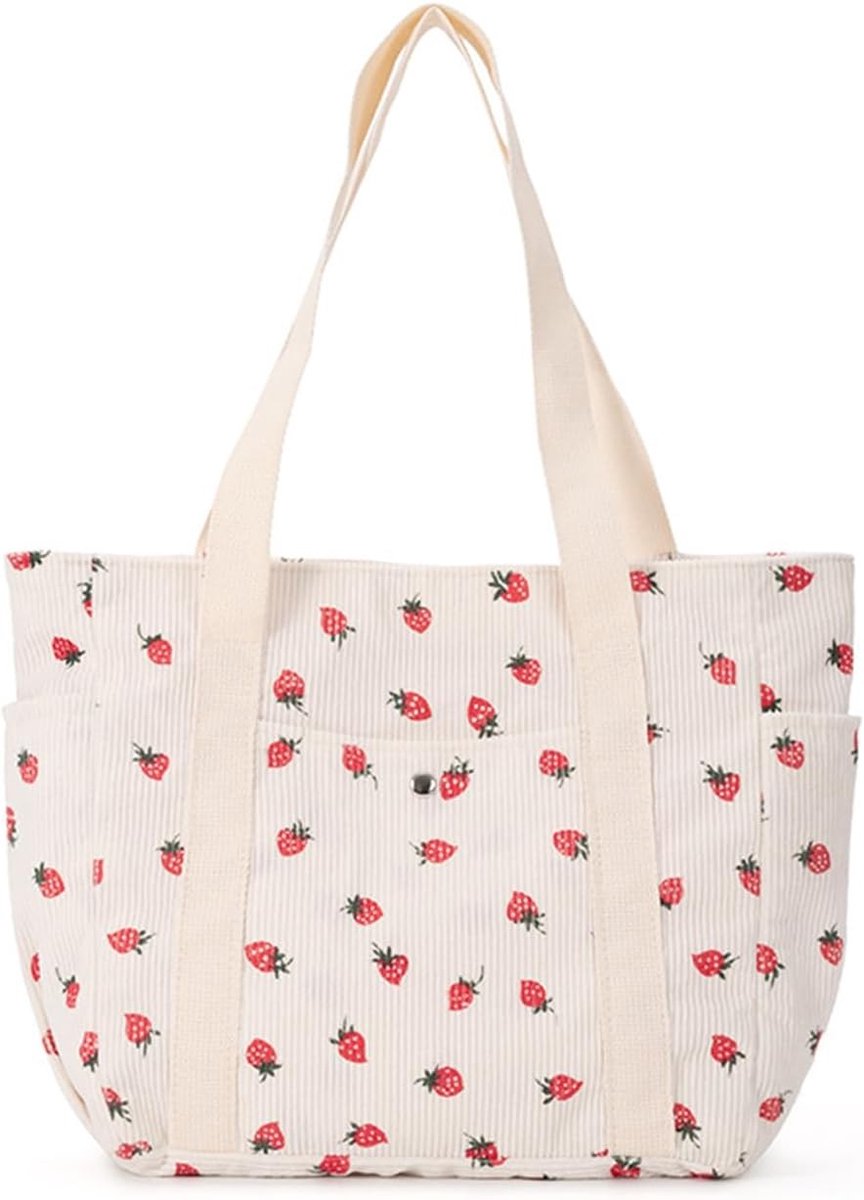 Grote corduroy shopper met rits en aardbeienprint, schoudertas en roze dames tote voor winkelen