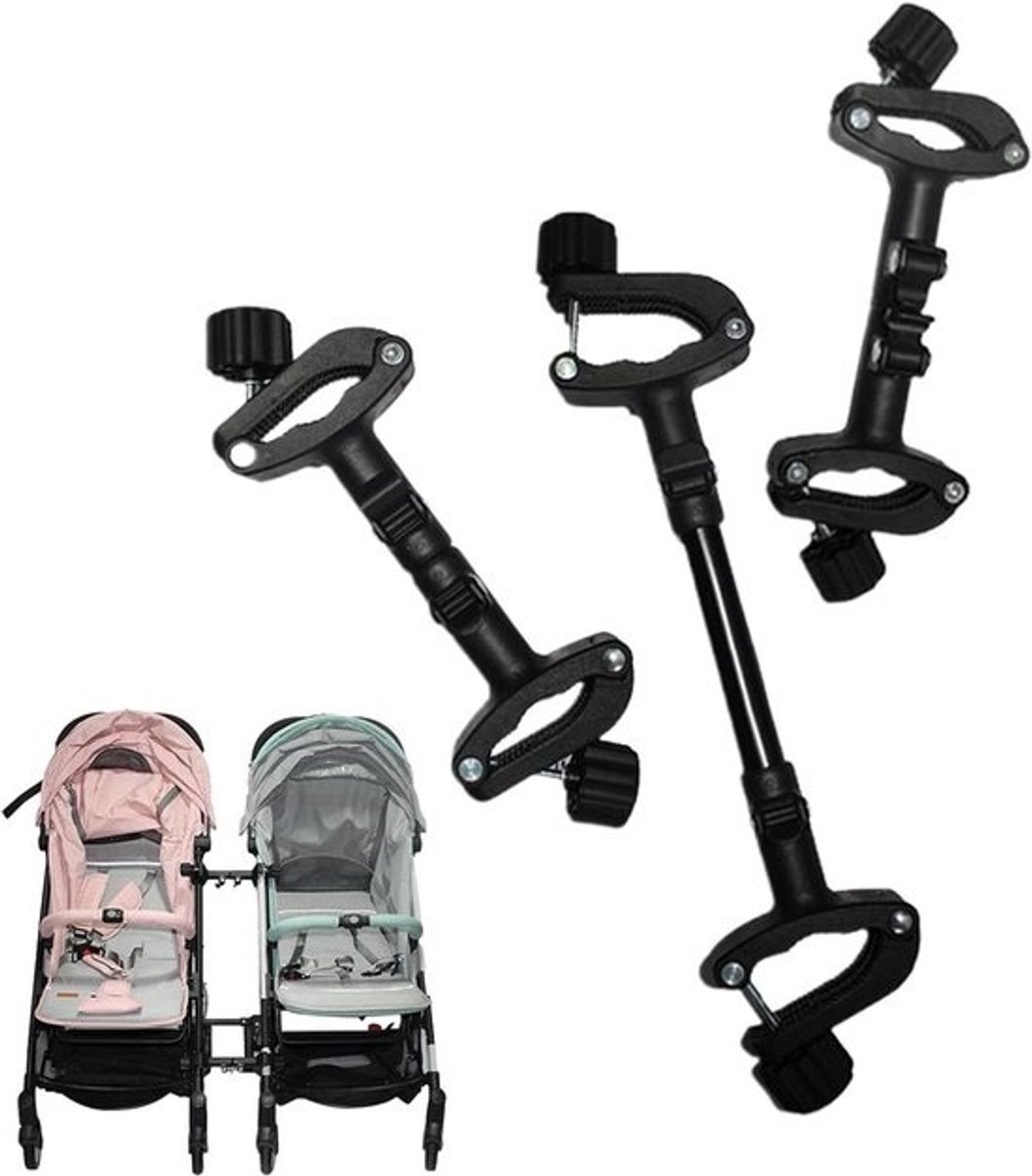 Kinderwagen Connectoren - Wandelwagen Koppeling - Dubbele Kinderwagen - Verstelbare Lengte - 3 Stuks - Zwart