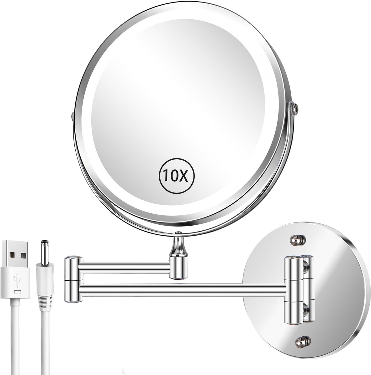 Make-upspiegel - Met Verlichting Wandmontage 8 inch 1X/10X Vergroting 2000mAh Oplaadbaar 3 Dimbare Lichtkleuren 360° Draaibaar - Scheerspiegel Badkamer - Zilver