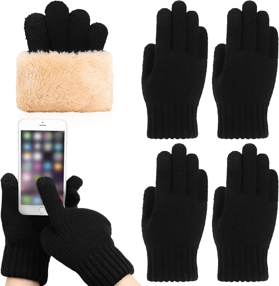 Thermische Fleece Winterhandschoenen voor Mannen en Vrouwen met Touchscreen - Dikke Gebreide Handschoenen voor Hardlopen, Skiën en Fietsen - Set van 2 Zwarte Handschoenen