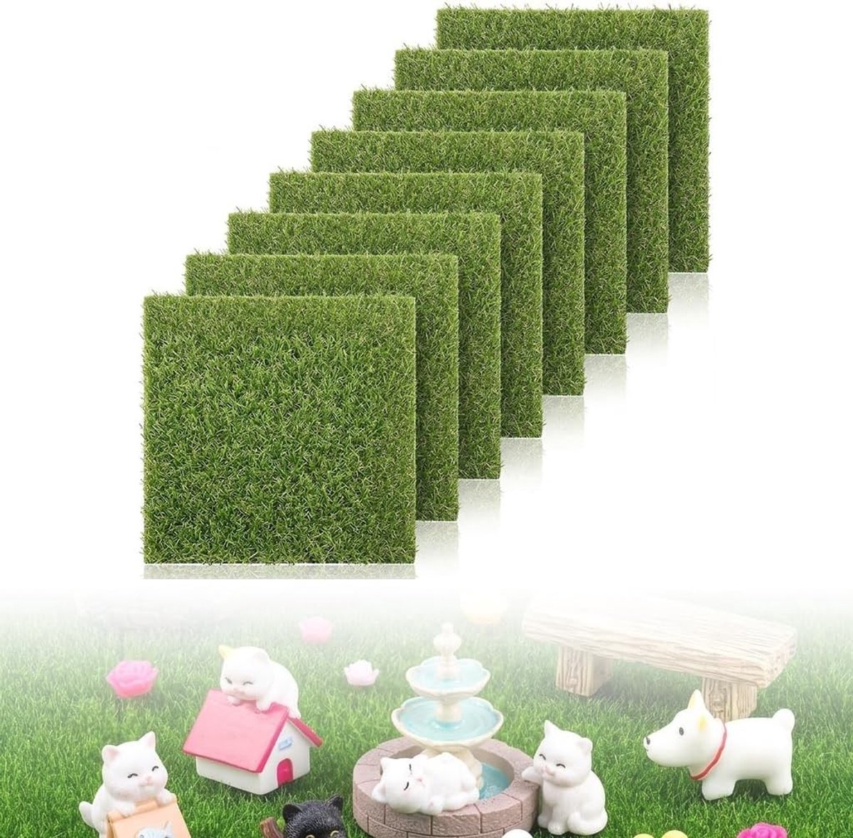 Set van 8 Kunstgras Tegels voor Creatief Gebruik, 15 x 15 cm, Ideaal voor Miniatuurtuinen en Modelbouw, Perfect voor Poppenhuizen en Sprookjeshuizen