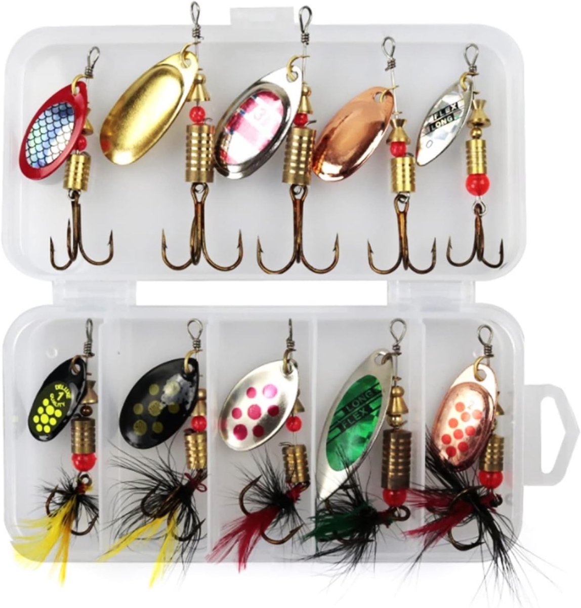 Set van 10 Multi Gekleurde Spinner Baits voor Vissen - Perfect voor Forel, Snoek en Baars met Opbergdoos