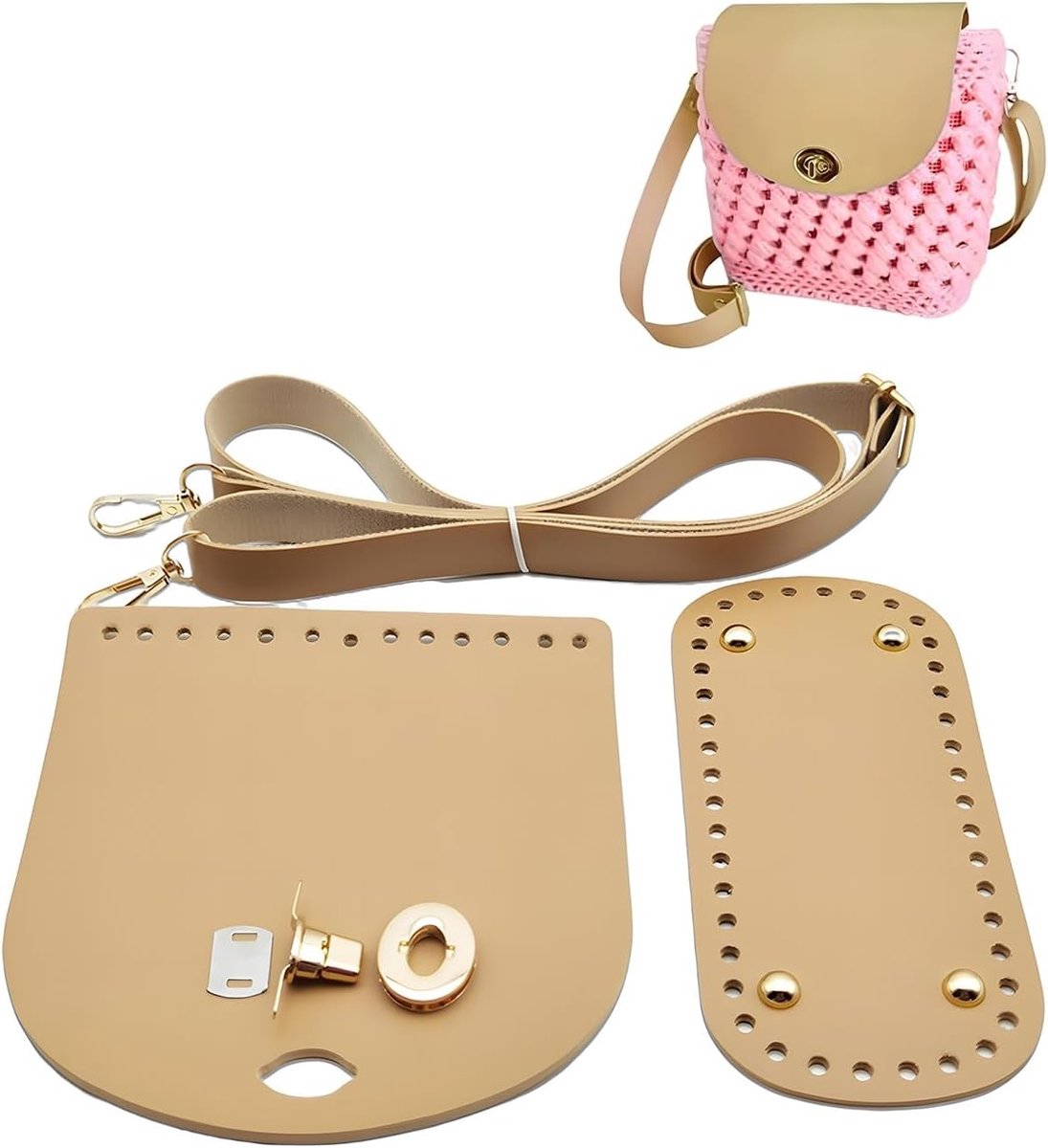 Haakset Accessoires voor DIY - Set van 3 Stuks, PU Leren Haaknaalden Tas met Trekkoord en Schouderband voor Ovalen Tassen (Khaki)