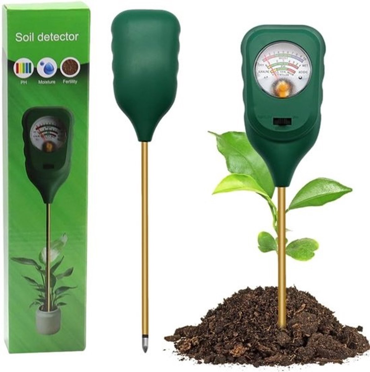 Bodemtester 3-in-1 - Plantenmeter Vruchtbaarheidsmeter - Plantenverzorging - Geen batterijen nodig - 29 cm - Zwart