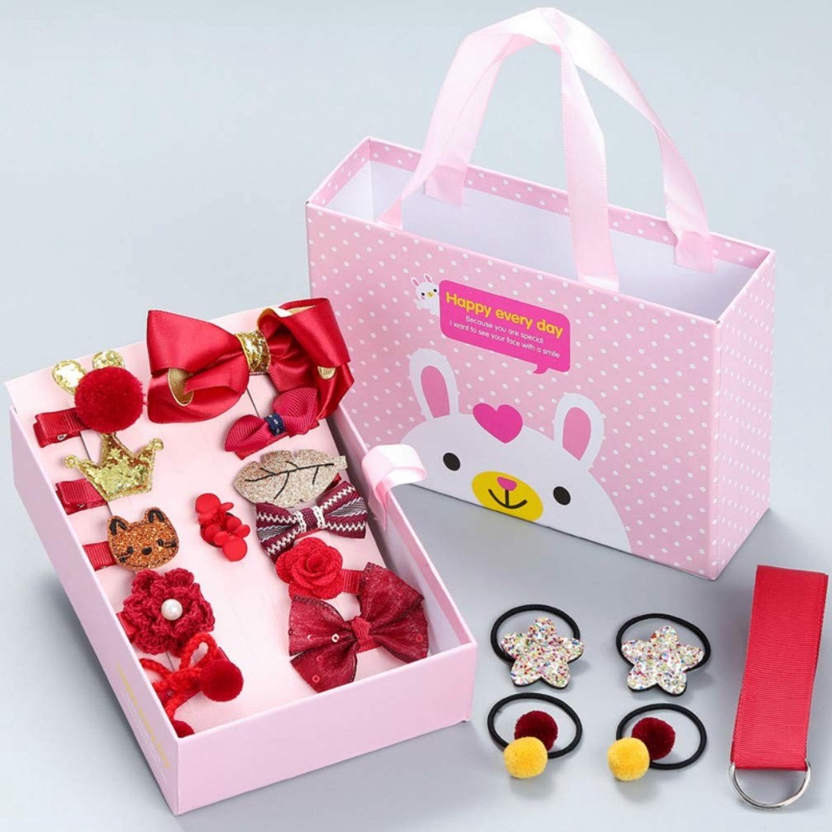 Haaraccessoires Gift Box - 18 Delige Set met Bogen - Roze
