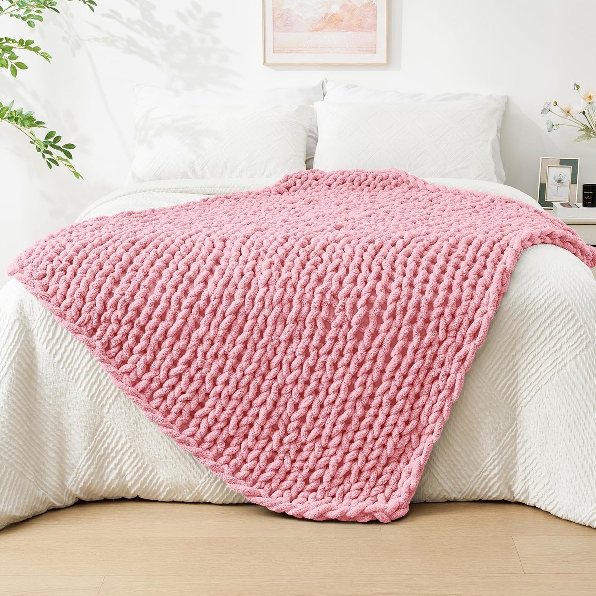 Chunky Gebreide Plaid - 100% Handgebreid in Blush Roze