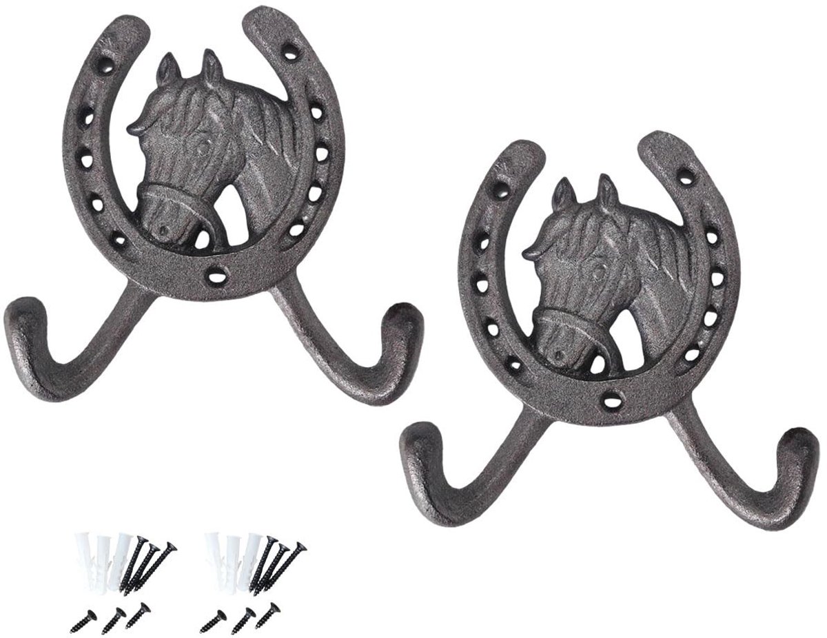 Wandhaken set van 2 - Zware gietijzeren hoefijzers met paardenhoofd - Vintage stijl