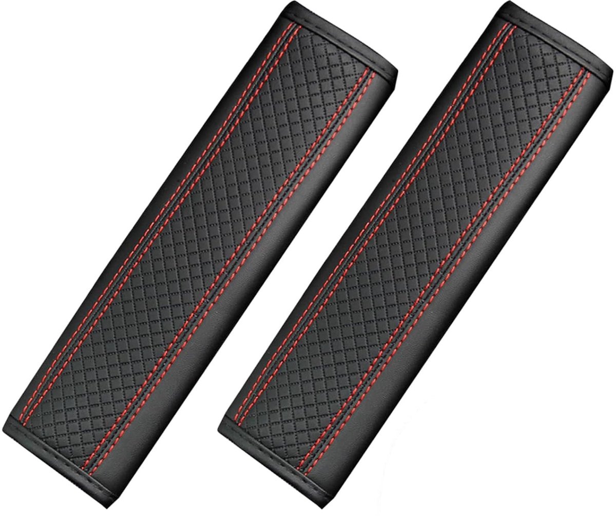 Autogordel Kussens - Premium PU-leer met schuimvulling - Zwart met rood stiksel