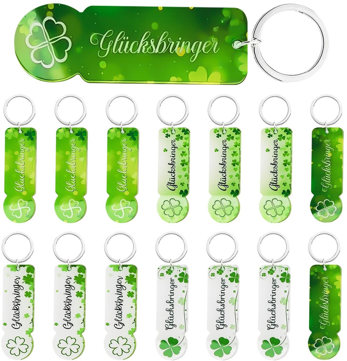 Set van 15 Acryl Sleutelhangers met Organza Tassen - Groene Klaverblad Thema