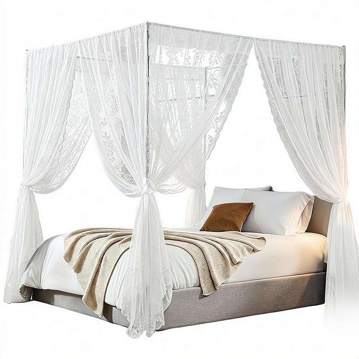 Lace Bed Canopy Curtains - Set van 8 Morsbestendige Gordijnen - Wit