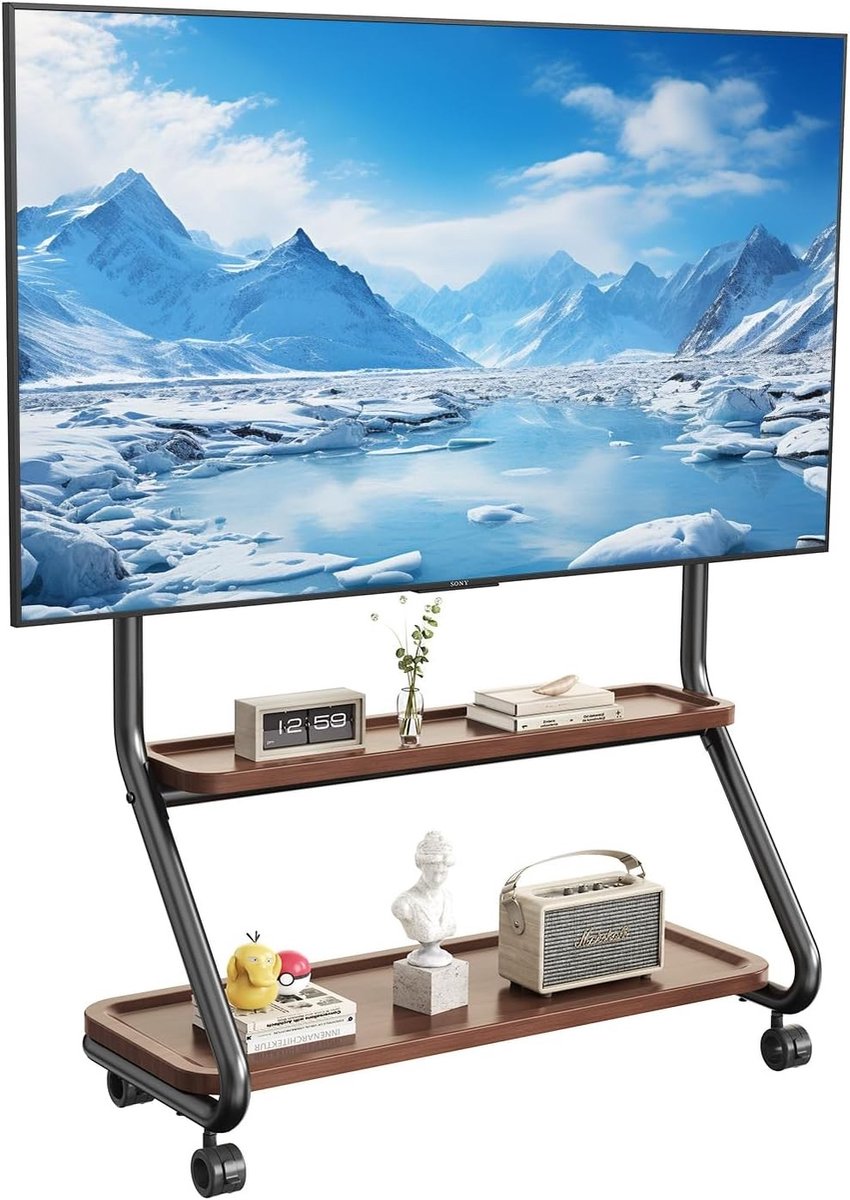 Mobiele TV Stand met Wielen voor 32"-75" TV's, Stevige Vloerstandaard met 2 Laags Opbergplank en Bevestigingsplatform, Ideaal voor Woonkamer en Slaapkamer