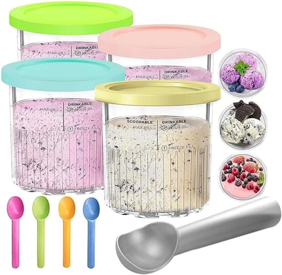 KZQ 4-delige ijsbakjes set 24oz met deksels en ijslepels - Lekvrij en herbruikbaar - Vier kleuren - Inclusief 4 lepels en grote scheplepel - Multicolor