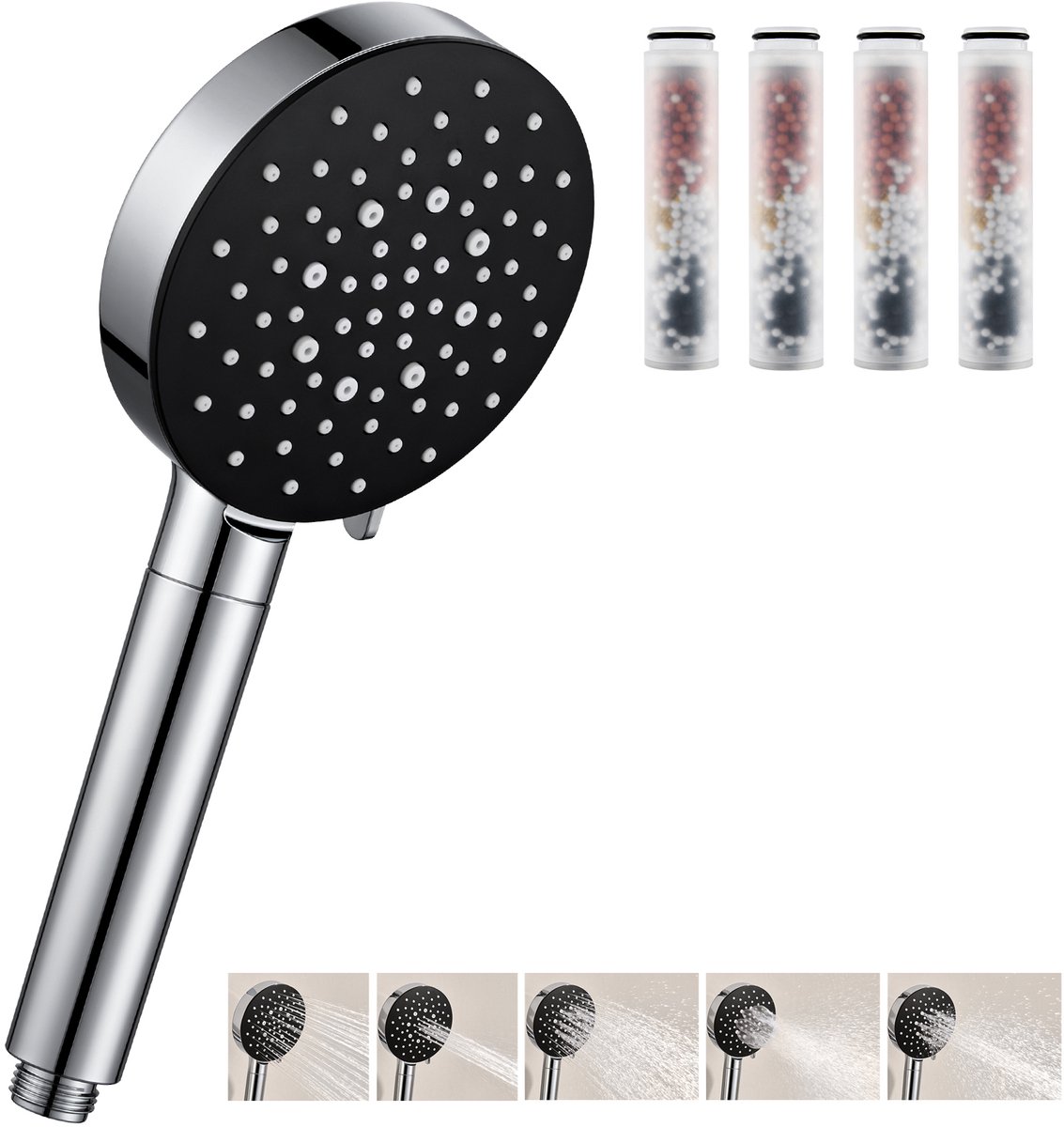 Cecipa Max Douchekop met Filter - Hogedruk Douchekop - Doucheset - Waterbesparend - 6 Straalstanden - inclusief 4 Filters - Handdouche - Huid- en Haarvriendelijk - Chroom&Zwart