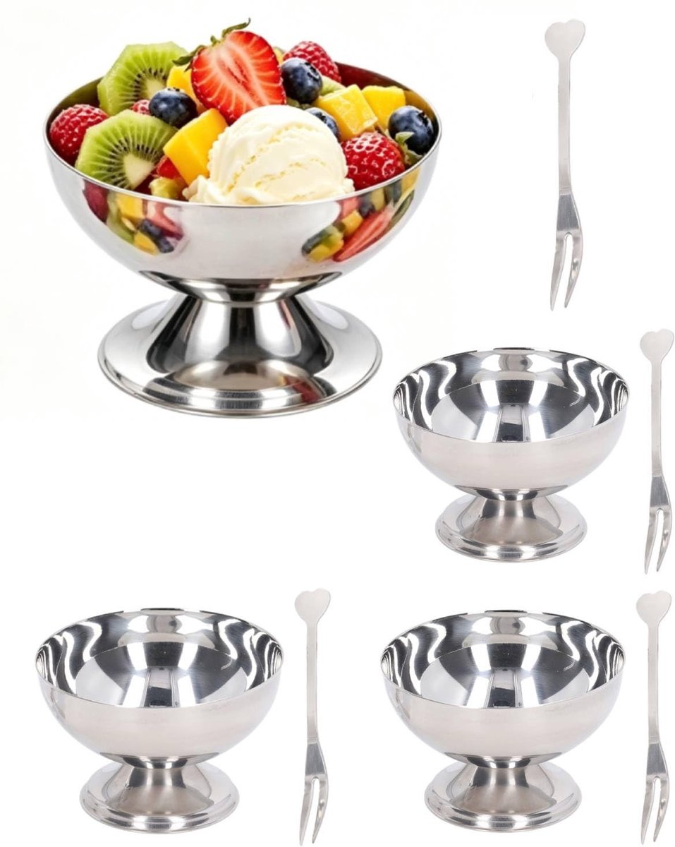 Solidchoice - Set van 4 RVS Sundaes en Dessertbekers met Bestek