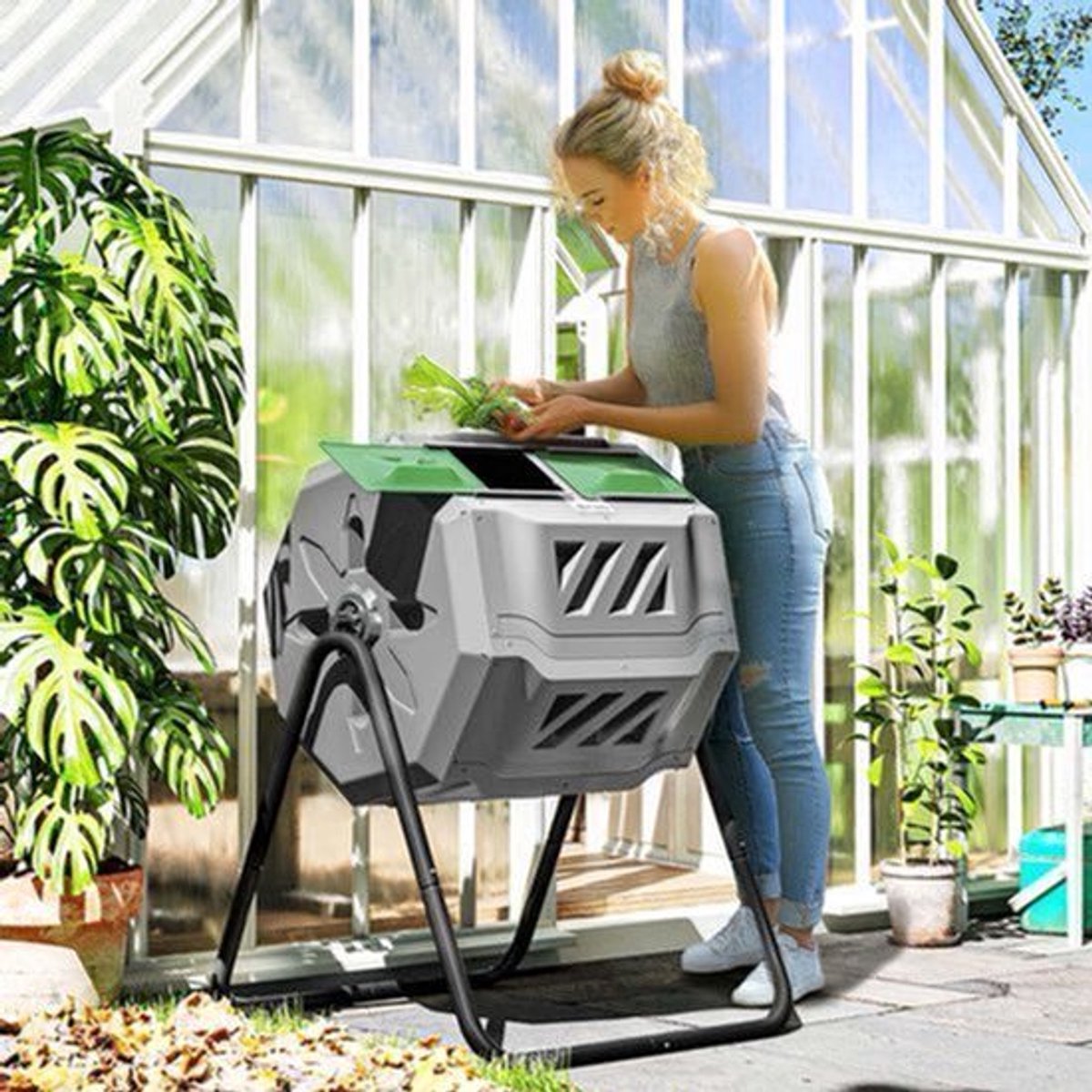 Compostbak – Compostcontainer – Compostton – Compostvat – Composteerbak – 2-Kamer Systeem – 160L Capaciteit – Draaibare Trommel – Grijs Groen Zwart