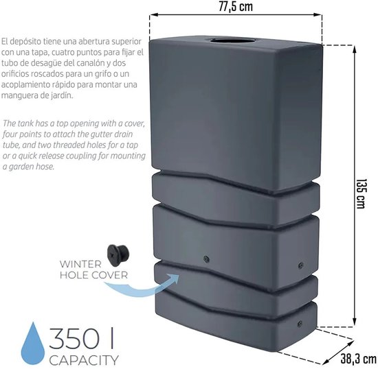 Grijze regenwatertank, 135 cm hoog, 77,5 cm breed, 38,3 cm diep, 350 liter.