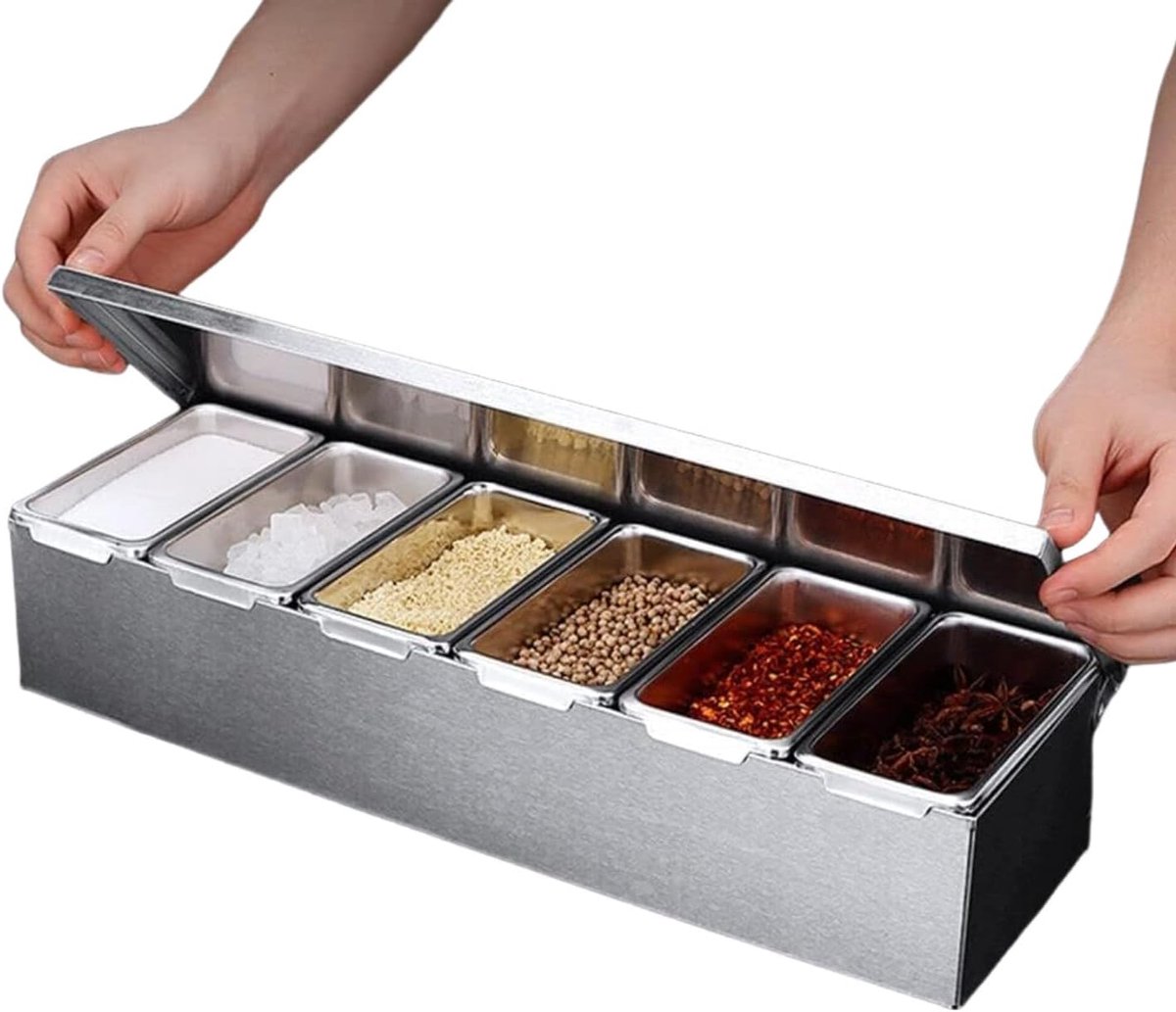 Gekoelde kruidenbak van roestvrij staal met 6 vakken, decoratieve bak met 6 uitneembare vakken, gekoelde kruidendispenser met deksel, fruitschaal