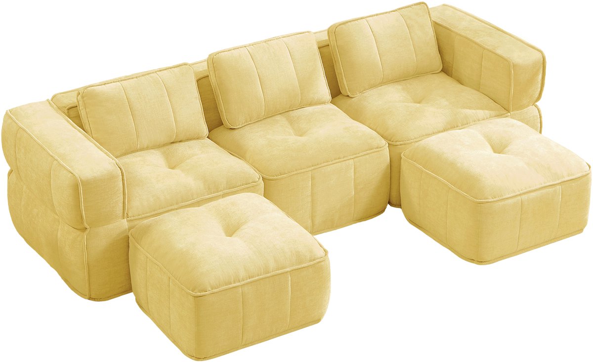 HAUSS SPOLE Bankonderdeel - Modulsofa U-Vormig - 3-Zits Met 2 Hockers - Diepe Zit En Zonder Montage - Voor Woonkamer - Stof Geel