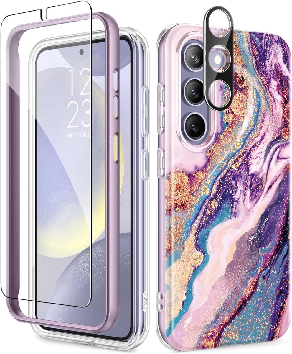 Compatibele Hoes voor Samsung Galaxy S24 Plus 6.7" 2024 met Scherm- en Camera Protector, Schokbestendig en Antikras Design in Droomland Rivier/Paarse Kleur