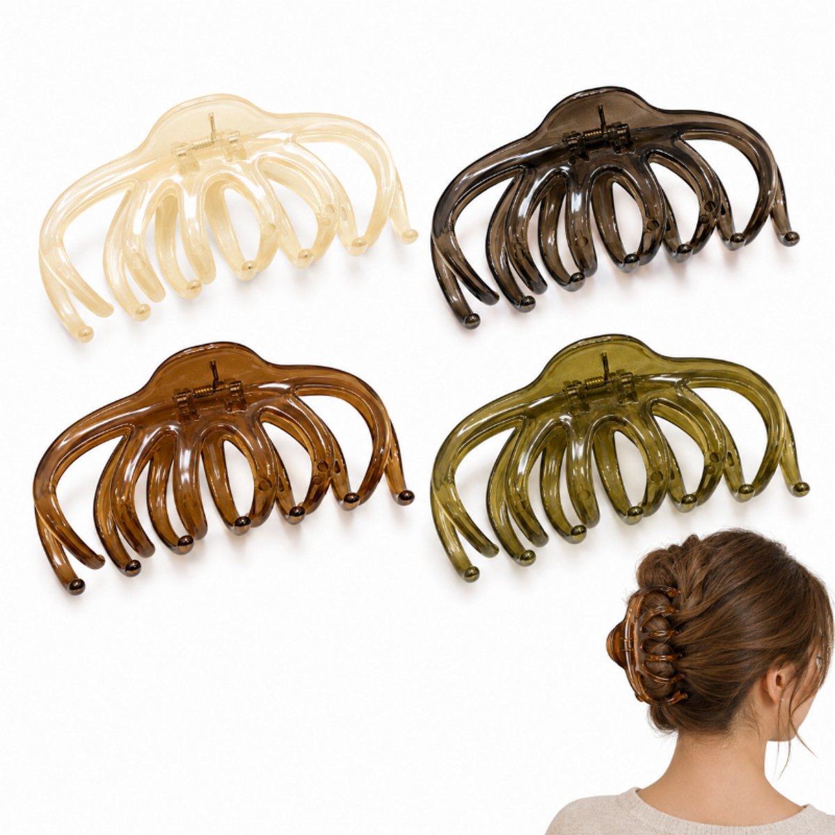 Octopus Haarklemmen voor Dames - Grote Haarclips voor Dik Haar - Antislip Stevige Grip - Haaccessoires Set van 4 - 13 cm - Champagne/Bruin/Donkergrijs/Groen