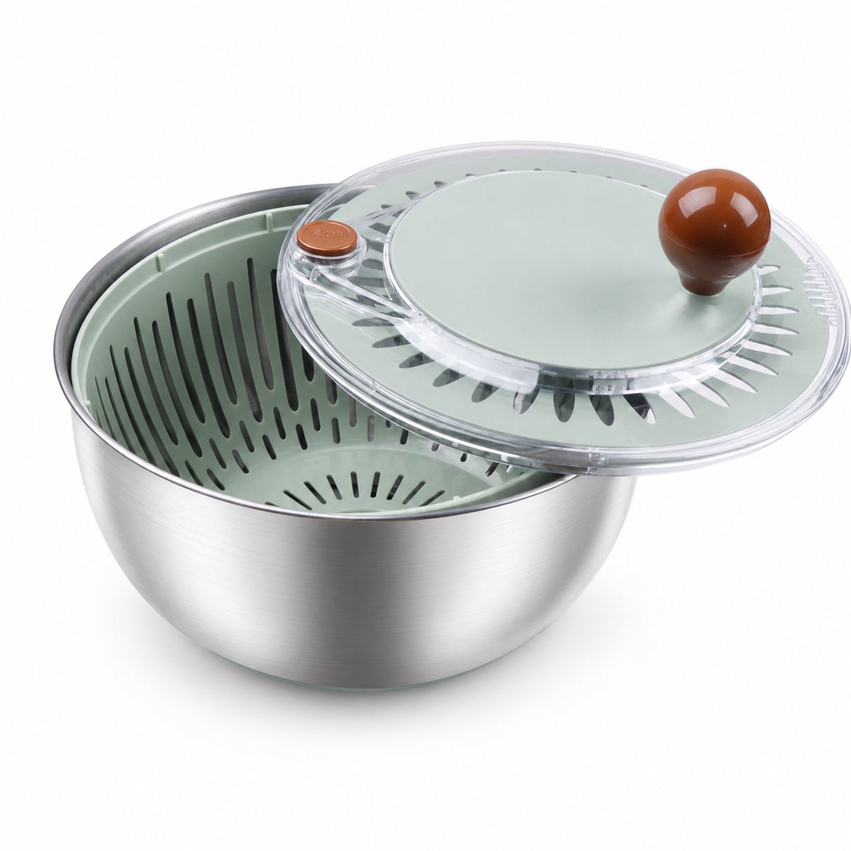 Oraymin RVS 304 Slacentrifuge 5L – Salad Spinner met Antislipvoet, Stopknop en Deksel – Grote Groenteslinger voor Sla en Groenten