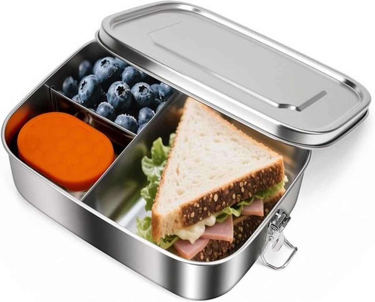 Roestvrijstalen lunchbox met sauscontainer - Grote capaciteit - 3 compartimenten - Lekvrije voedselcontainers - Deksel - Lunch - Geschikt voor de lunch - Zilver - RVS lunchbox met 3 compartimenten.