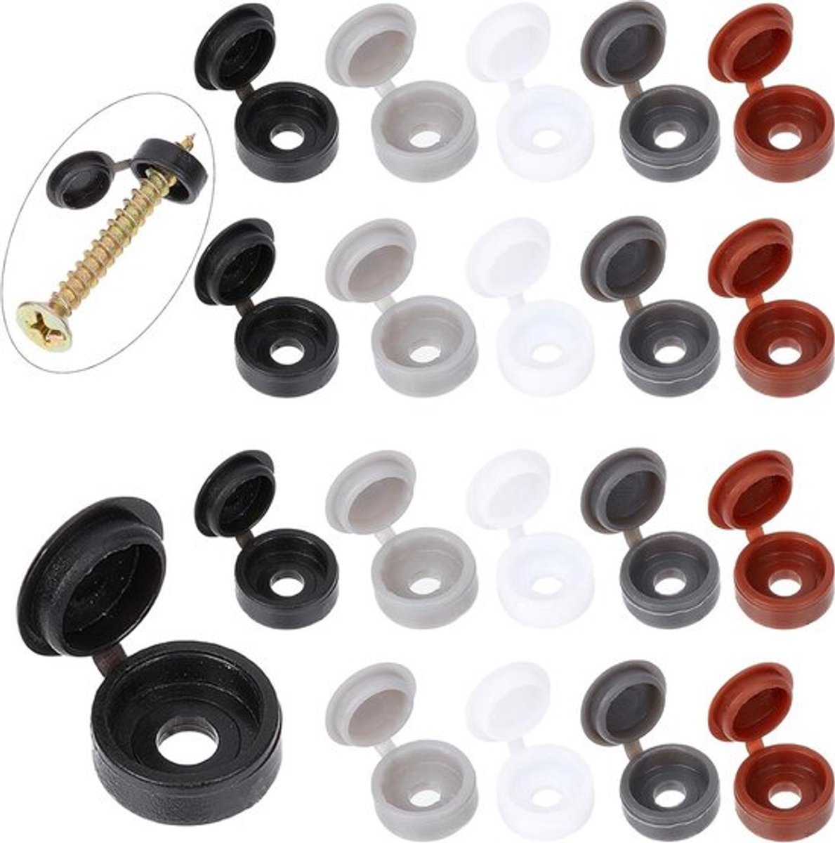 Kunststof Scharnierkapjes - Schroefdeksels - 5 Kleuren - Caps voor meubels - Plastic - 1 Doos 200 Stuks - Sluiters en Deksel - Geschikt voor Wasmachine.