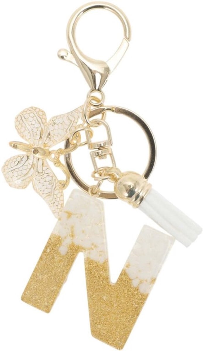 Sleutelhanger met Vlinder - Sleutelhanger voor Meisjes - Sleutelhanger Letter N - Hars/Legering - 9,3 cm - Duurzaam en Lichtbestendig