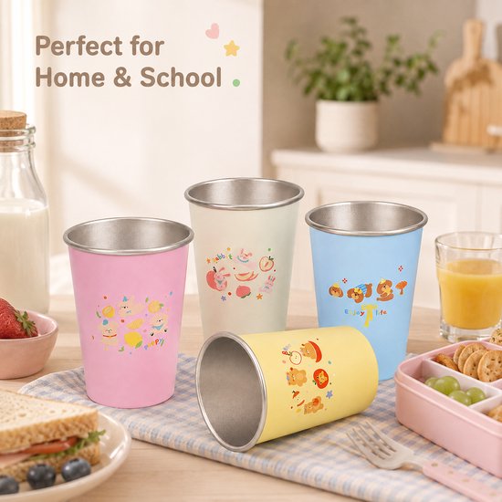 RVS Kinderbekers 4-delige Set - Onbreekbare Drinkbekers van Roestvrij Staal van400 ml - Kindervriendelijke RVS Beker met Vrolijke Print & Antislipbodem - Duurzame Bekers voor Jongens en Meisjes - School & Thuis van rvs — afbeelding 3