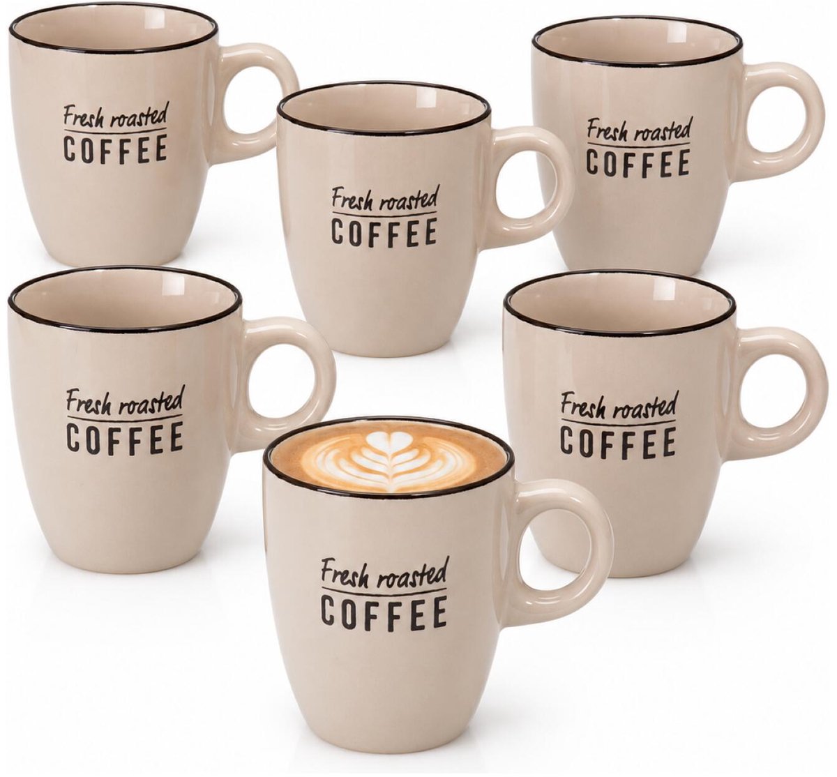 Siaki koffie kopjes Barista Cafe - 6x stuks - beige - 220 ml - mokken - keramiek - 10 cm - met koffie thema teksten