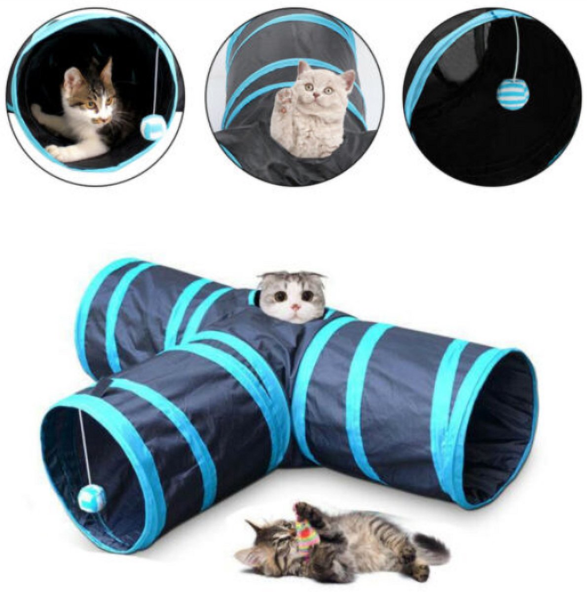 Kattentunnel - Drie-in-één - Huisdierentunnel - Speeltunnel - Speelgoed voor katten en honden - Speltunnel - Kruiptunnel - Opvouwbaar - Blauw