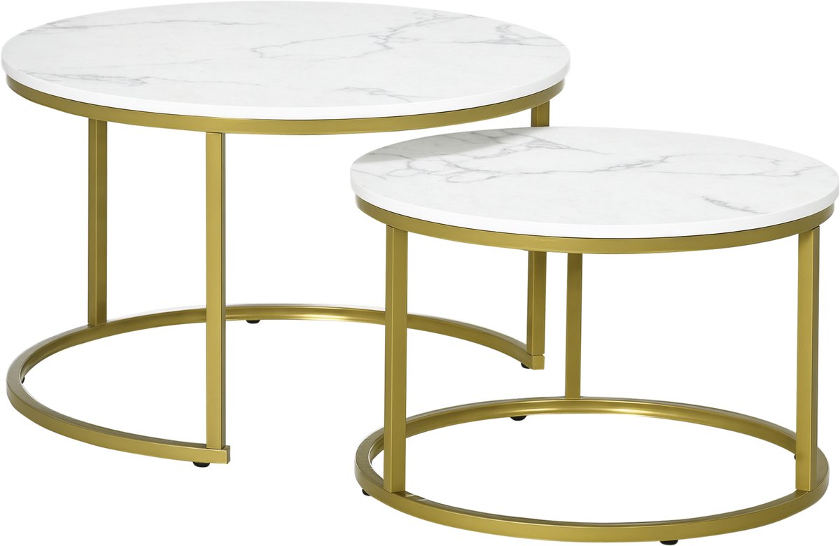 2-delige, aan elkaar te koppelen salontafels – rond tafelblad met witte marmerlook – voorzien van goudkleurige stalen poten – diameter 74 × 46,3 cm