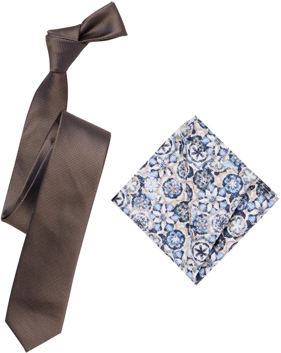 VENTI set met stropdas en pochet - bruin - blauw - wit dessin