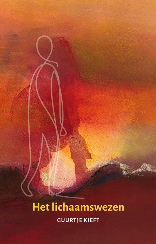 Peinture abstraite aux tons chauds orange et rouge, avec un dessin au trait blanc d'une silhouette humaine et le texte 'Het lichaamswezen GUURTJE KIEFT'.