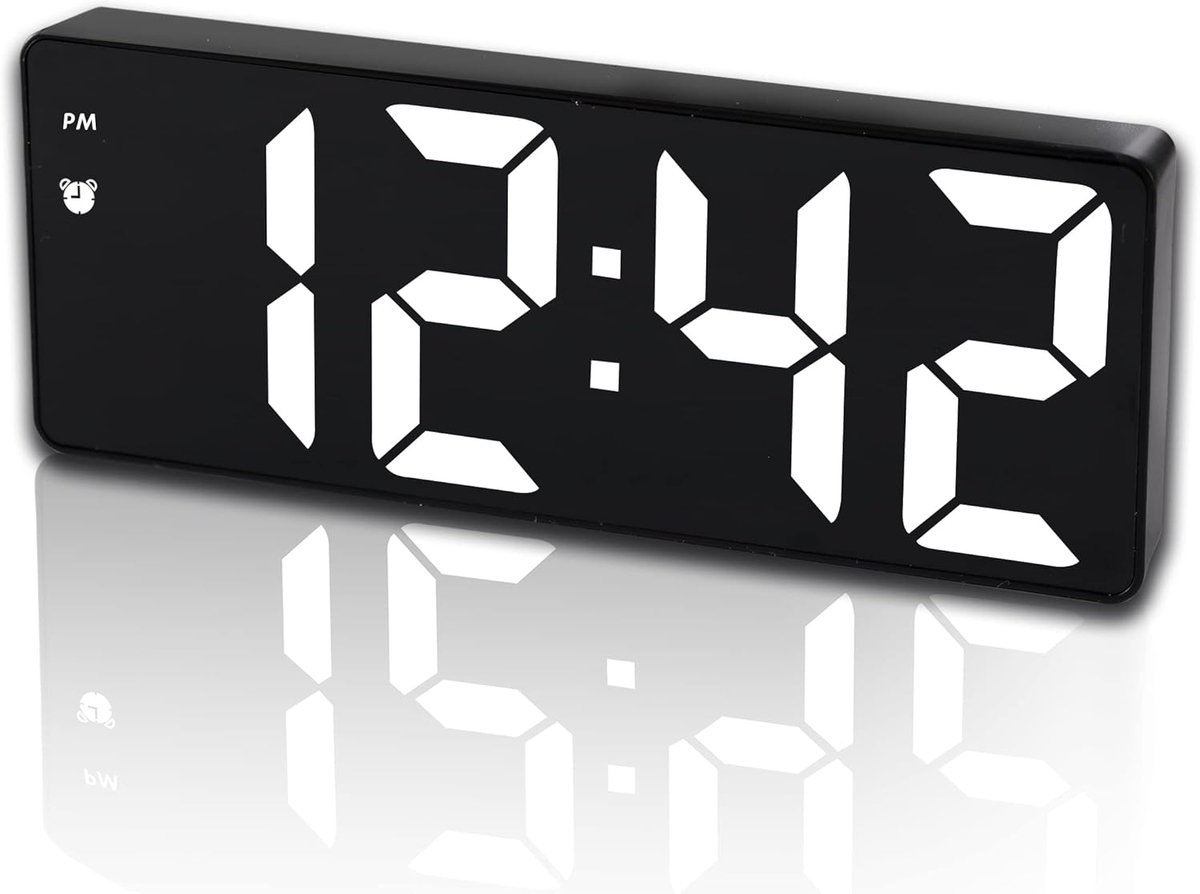 Witte spiegel‑LED‑wekker, spraakbesturing, instelbare helderheid, snooze, 12/24‑uur voor kinderen, bureau en nachtkastje