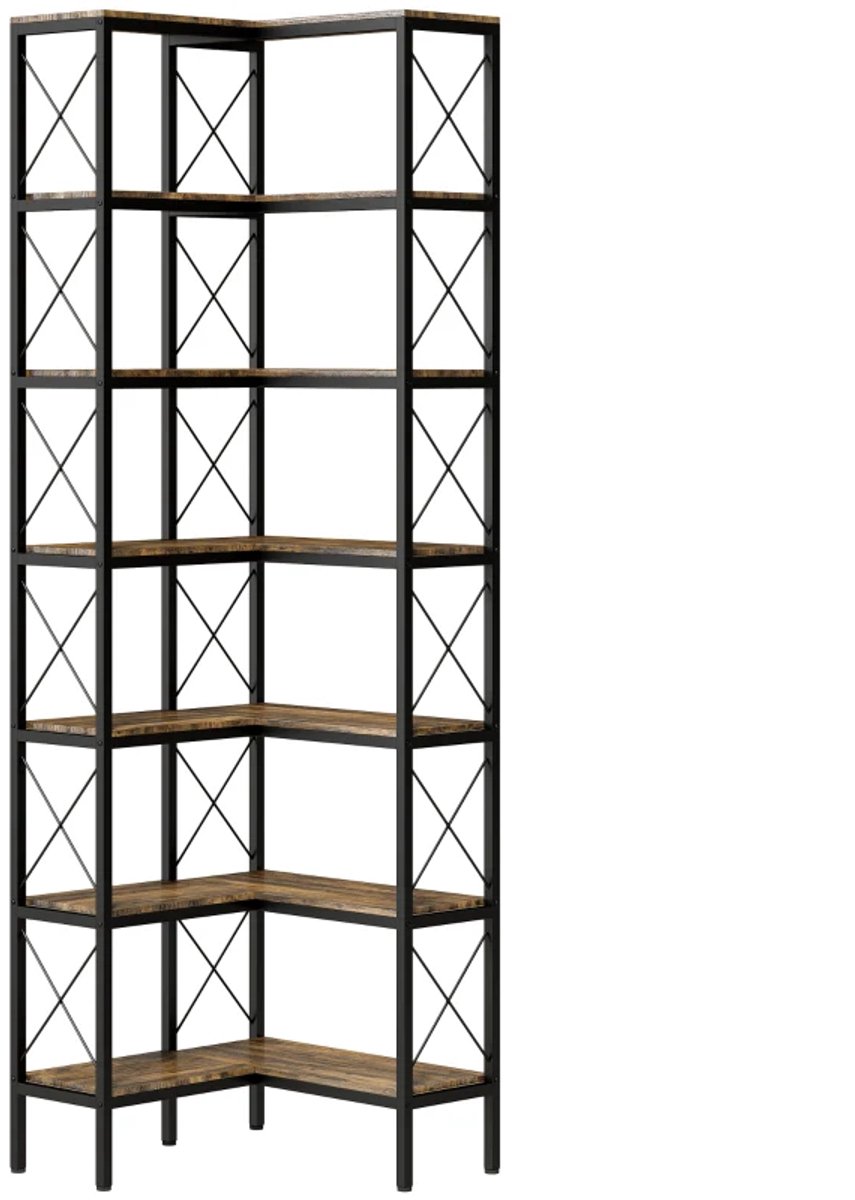 Opbergkasten - L-vormige Boekenkast met 6 Lagen - Vrijstaande Hoekplank met Metalen Frame - Rustiek Bruin - 60 x 60 x 200 cm