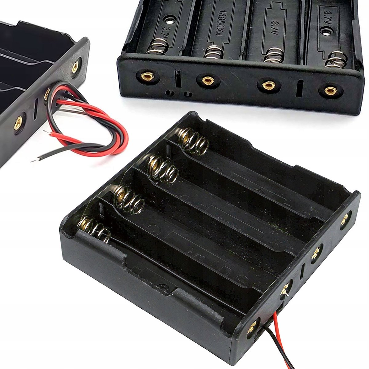 Rosfix Batterijhouder 4x18650 Parallel - 3,7V/4,2V - Veercontacten Rood/Zwart Draden