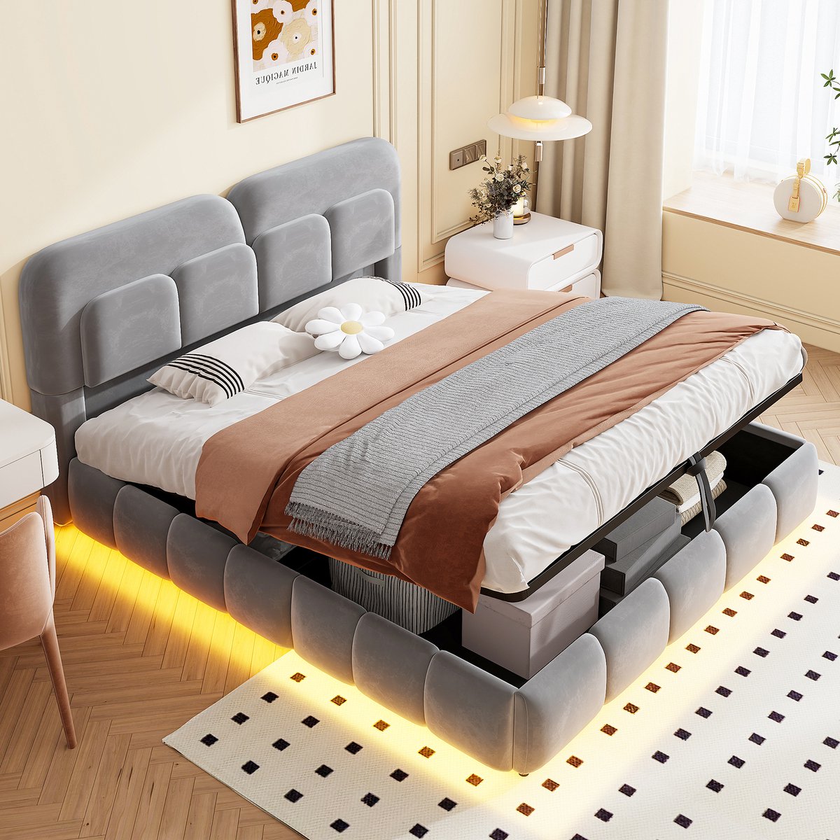 Gestoffeerd Bed 140x200 Cm Zonder Matras Met Opbergruimte En Verlichting Hydraulisch Bed Met Fluweel Grijs