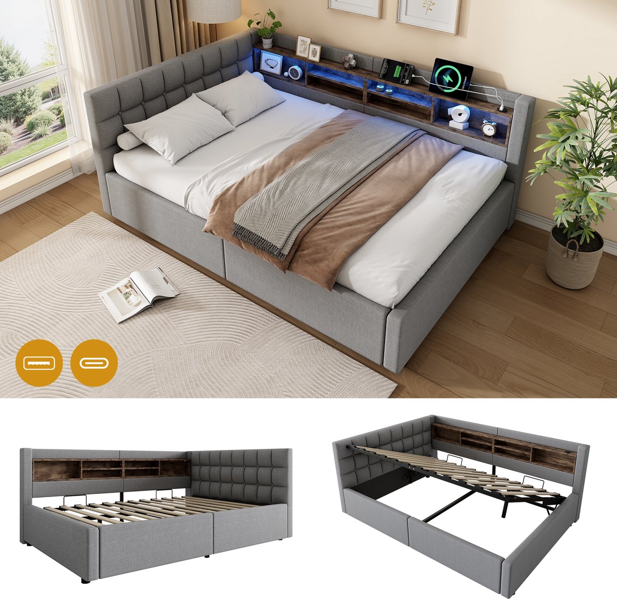 Dagbed 140x200 cm - Met LED-Verlichting - Met Opbergruimte - Met USB-Oplaadpunt - Grijs