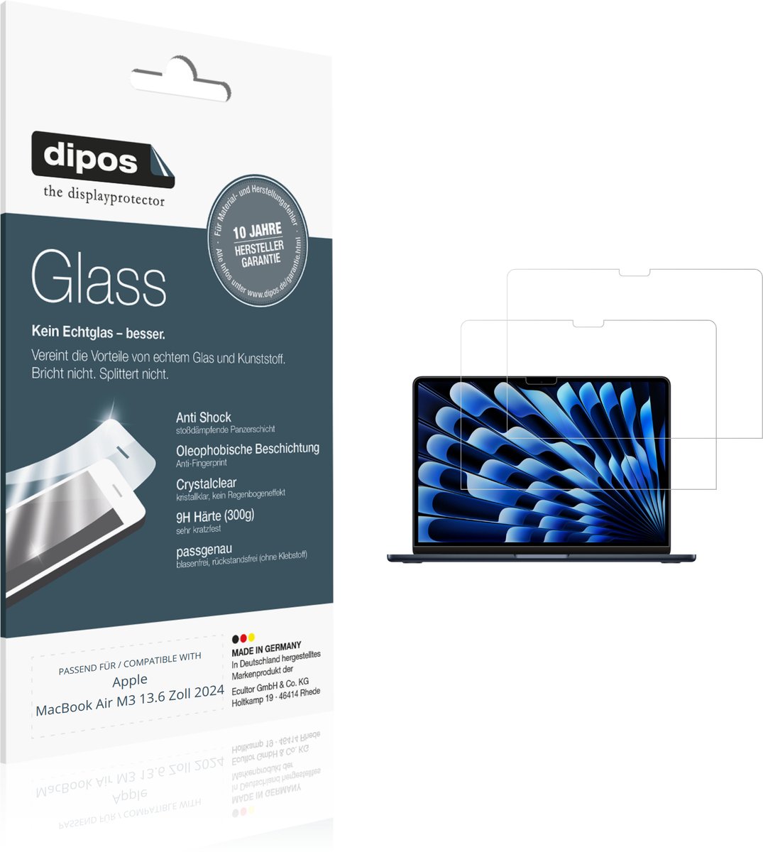 dipos – 2x Pantserfolie geschikt voor Apple MacBook Air M3 13.6 Zoll 2024 | 9H Screenprotector