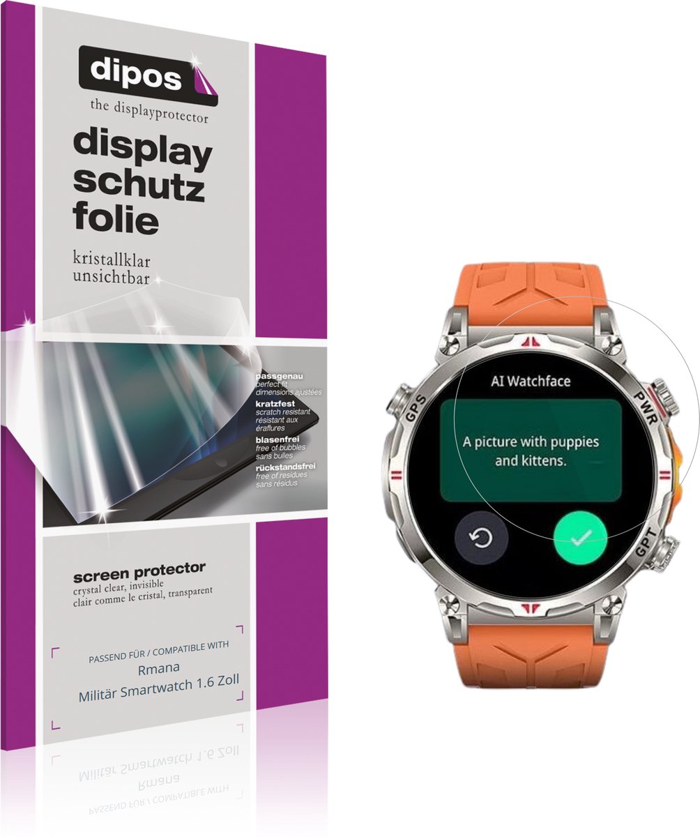 dipos – 6x Beschermfolie geschikt voor Rmana Militär Smartwatch 1.6 Zoll | Krasbestendige & heldere Screenprotector Ultra-Thin