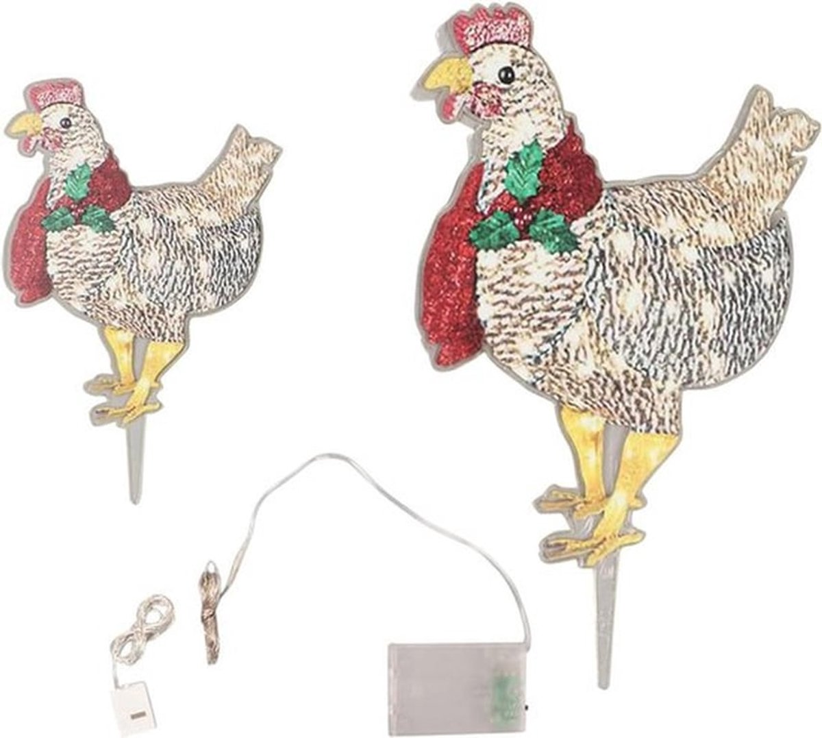 Kipornamenten Set van 2, Oplichtende Kippen met Sjaal, Lichtgevende Kerstversiering voor Tuin en Gazon