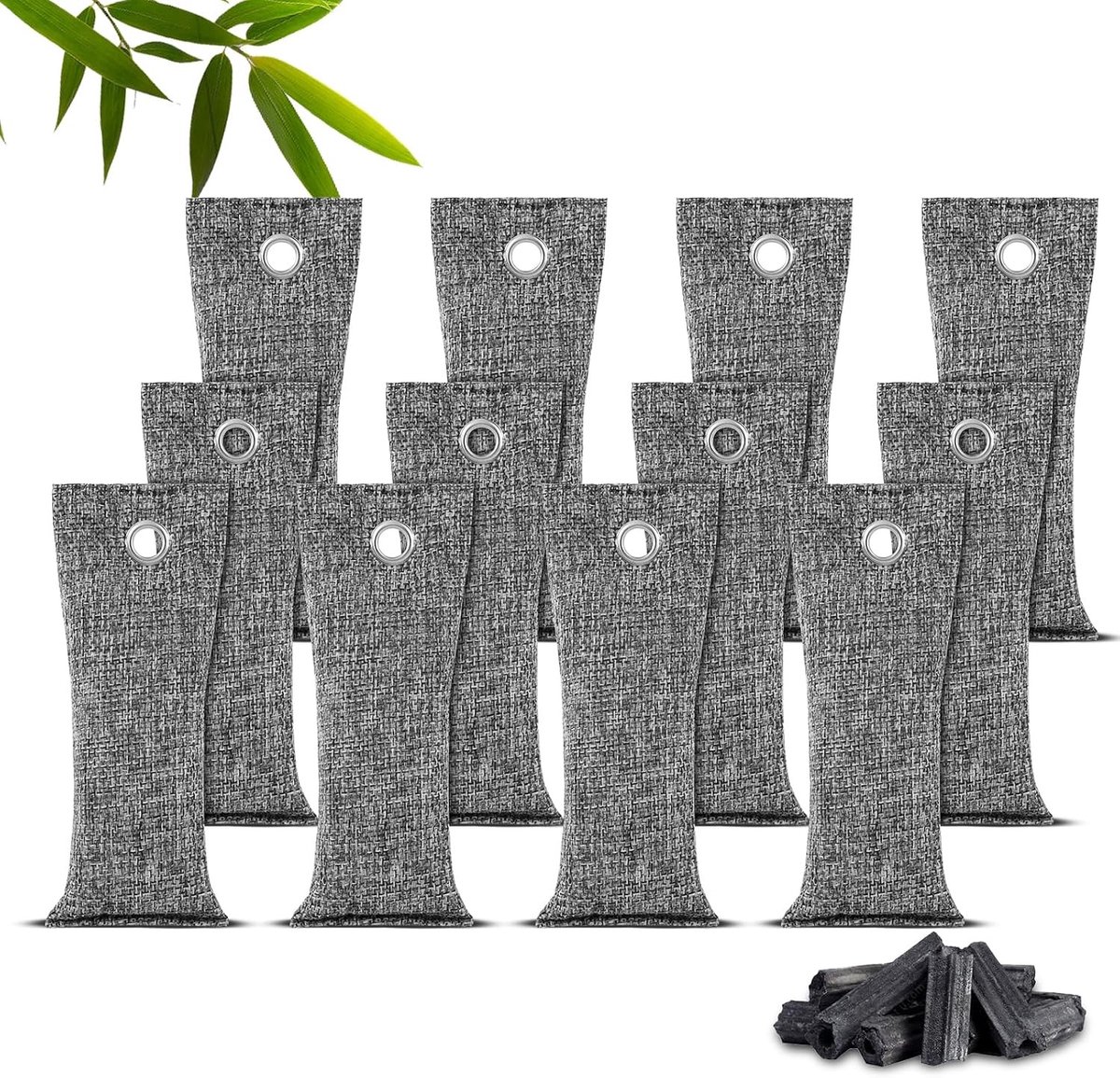 Bamboe Houtskool Zakjes voor Vochtabsorptie en Luchtzuivering, 12 Stuks, Ideaal voor Schoenen, Kasten en Auto's, 75g