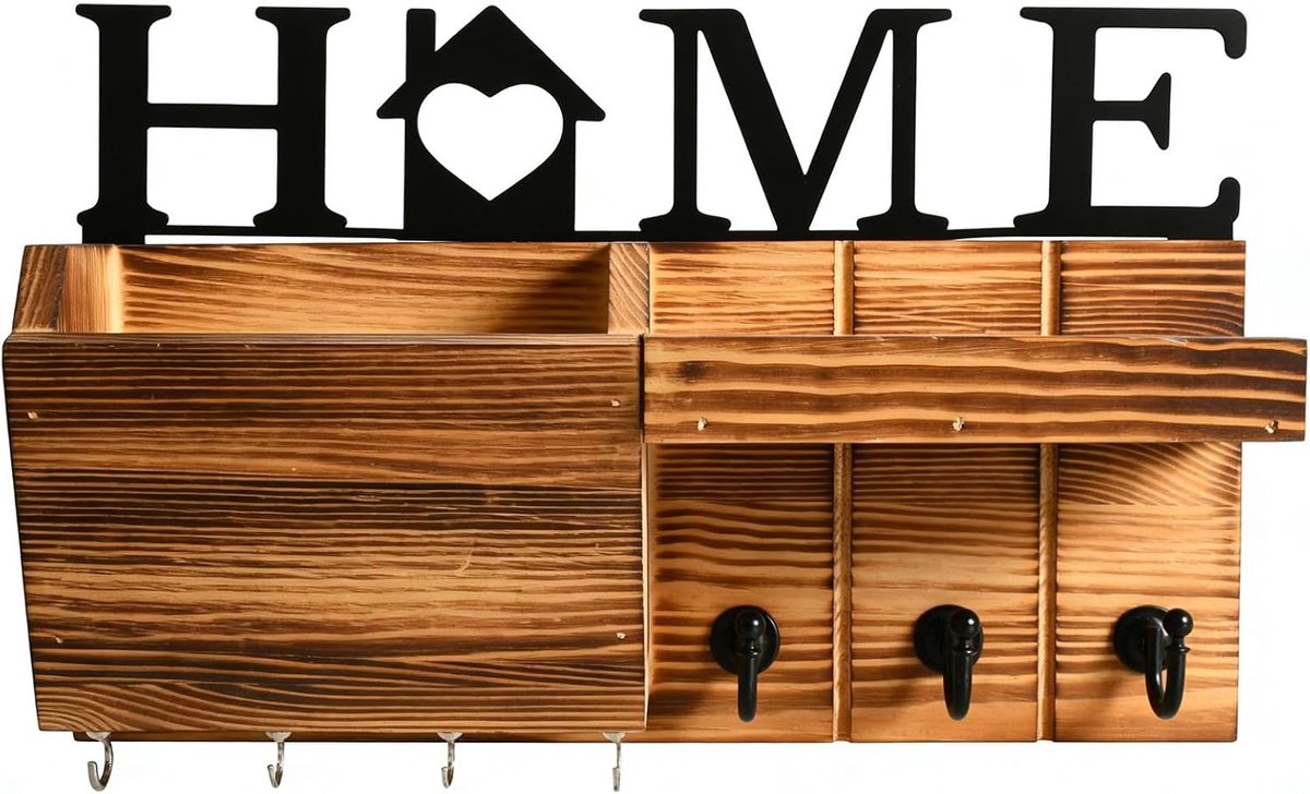 Vintage Wandplank met Haken, Houten Sleutelhanger voor Hal, Garderobe en Verwijderbare Thuisinscriptie, Landelijke Stijl en Functioneel Ontwerp