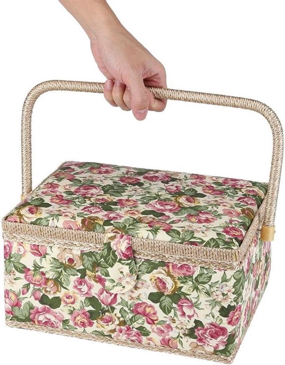 Bloemenpatroon Naai Mand met Ergonomische Handgreep voor Huishoudelijk Gebruik, 30.5 x 23 x 15.5 cm, Ideaal voor Naaigerei en Organisatie
