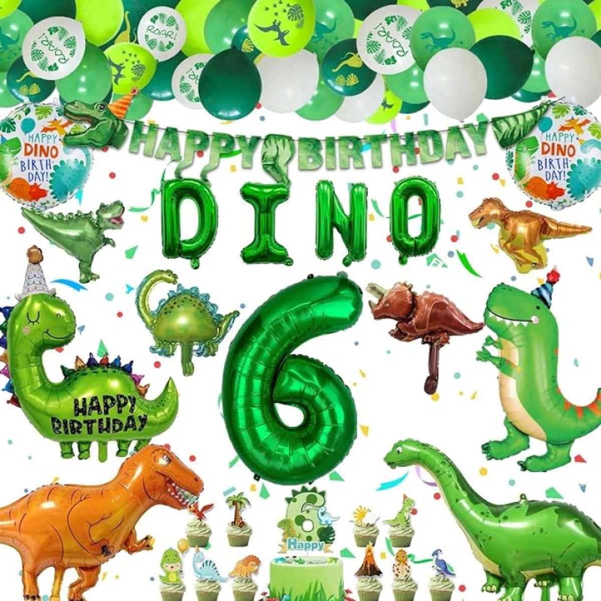 Dinosaurus Thema Verjaardagsfeest Decoratiepakket voor 6-Jarigen | Feestartikelen met Folieballonnen, Cijferballonnen en Slinger